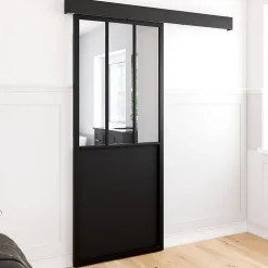 IDMarket Porte Coulissante<Kit porte coulissante verrière 83 cm en métal + MDF avec rail et fixations
