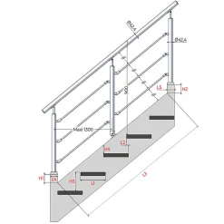 MySystem Garde-Corps, Balustrade<Kit Réno inox pour garde-corps d'escalier - 3 poteaux - Main courante - 3 barres sur supports axiaux
