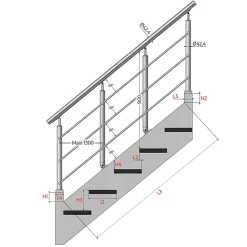 MySystem Garde-Corps, Balustrade<Kit Réno inox pour garde-corps d'escalier - 4 poteaux - Main courante - 3 barres sur supports transversaux et borgnes