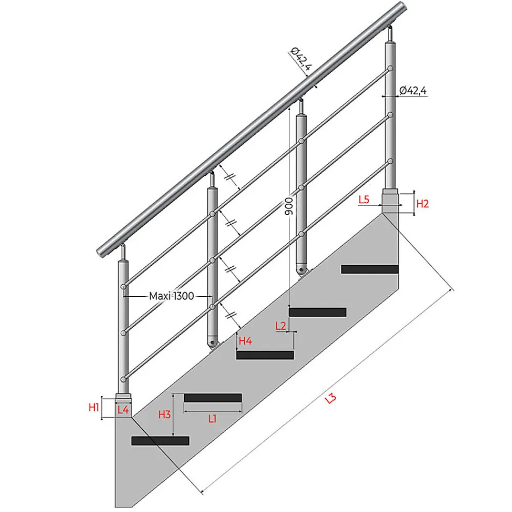 MySystem Garde-Corps, Balustrade<Kit Réno inox pour garde-corps d'escalier - 4 poteaux - Main courante - 3 barres sur supports transversaux et borgnes