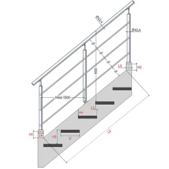 MySystem Garde-Corps, Balustrade<Kit Réno inox pour garde-corps d'escalier - 3 poteaux - Main courante - 3 barres sur supports transversaux et borgnes