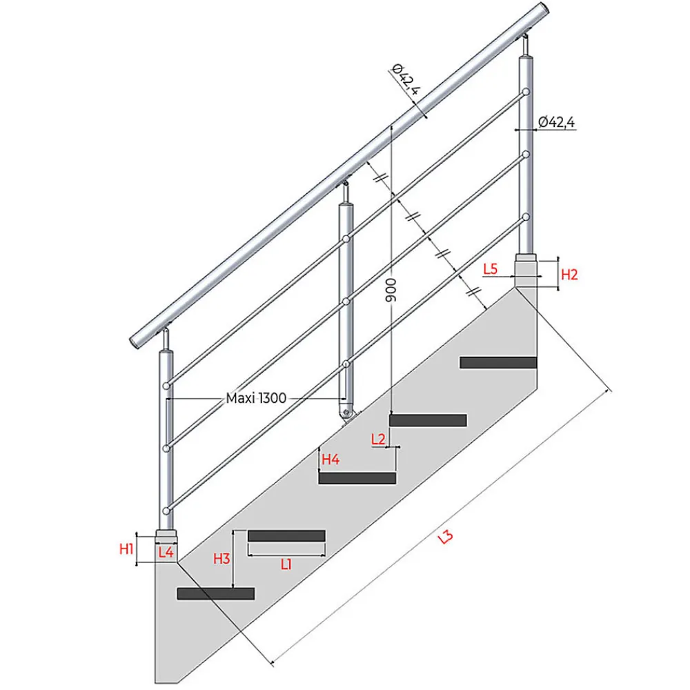 MySystem Garde-Corps, Balustrade<Kit Réno inox pour garde-corps d'escalier - 3 poteaux - Main courante - 3 barres sur supports transversaux et borgnes