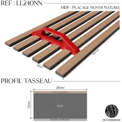 Decoparisienne Kit tasseaux adhésif noyer naturel - Gabarit de pose offert - Surface de 2,4 M2 - Panneau tasseau sur-mesure- Panneau Tasseau Bois