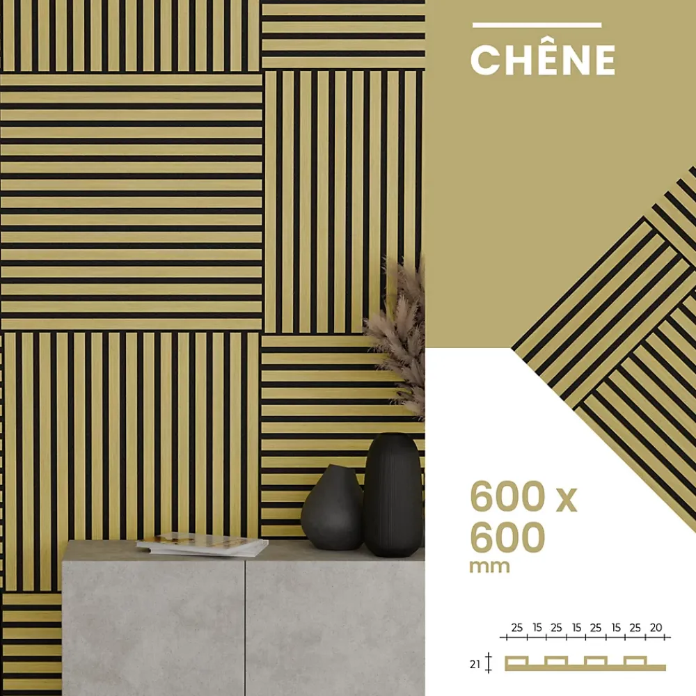 Perform Panel Lot 4 pièces, Panneau Acoustique, Chêne, Feutrine Noir, 60x60cm- Panneau Tasseau Bois