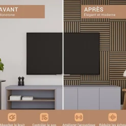 Perform Panel Lot 4 pièces, Panneau Acoustique, Noyer, Feutrine Noir, 60x60cm- Panneau Tasseau Bois