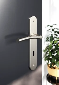 Poignée De Porte<Lot 3 poignées sur plaque rond serrure GoodHome Hirel effet nickel satin gris L.128mm x l.40mm entraxe 195mm