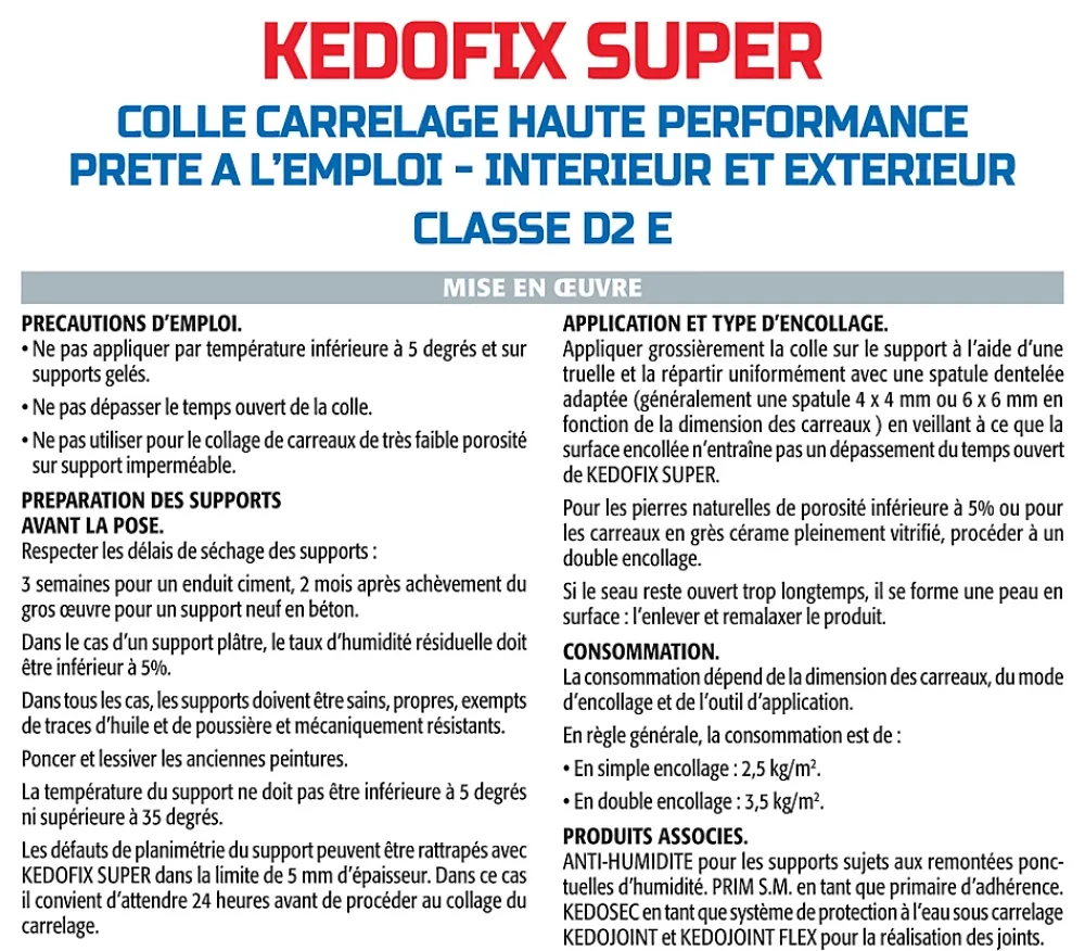 Semin Lot de 2 colles pour Carrelage Haute Performance Kedofix , Prêt à l'emploi, Intérieur/extérieur, seau de 20 kg- Joint Carrelage Sol