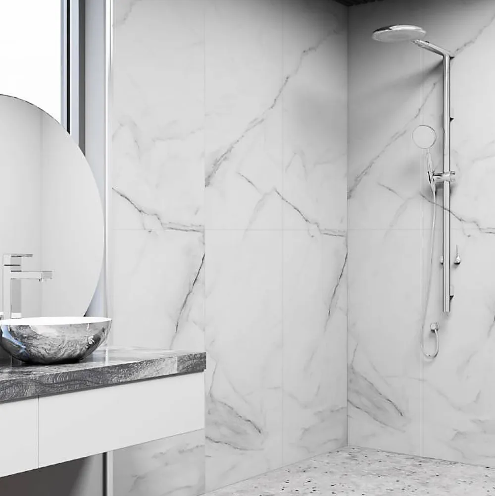 Decoon Lot de 4 Dalles Murales Douche SPC/PVC Décor Marbre Blanc brillant - 59,2x118,4cm - 2,8M²- Panneau Mural De Salle De Bains