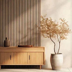 Decoon Lot de 4 panneaux acoustiques tasseaux bois 250 x 30 x 1,9 cm - Lamelles bois placage chêne clair véritable fond noir - 3m²- Panneau Tasseau Bois