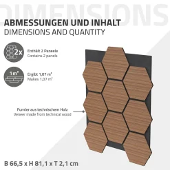 Ml-Design Panneau Tasseau Bois<Lot de 2 panneaux acoustiques hexagonaux 66x81 cm 1m² isolation phonique teck