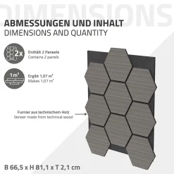 Ml-Design Lot de 2 panneaux acoustiques hexagonaux 66x81 cm 1m² isolation phonique gris- Panneau Tasseau Bois