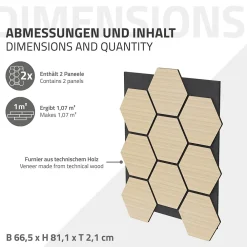 Ml-Design Panneau Tasseau Bois<Lot de 2 panneaux acoustiques hexagonaux 66x81 cm 1m² isolation phonique chêne
