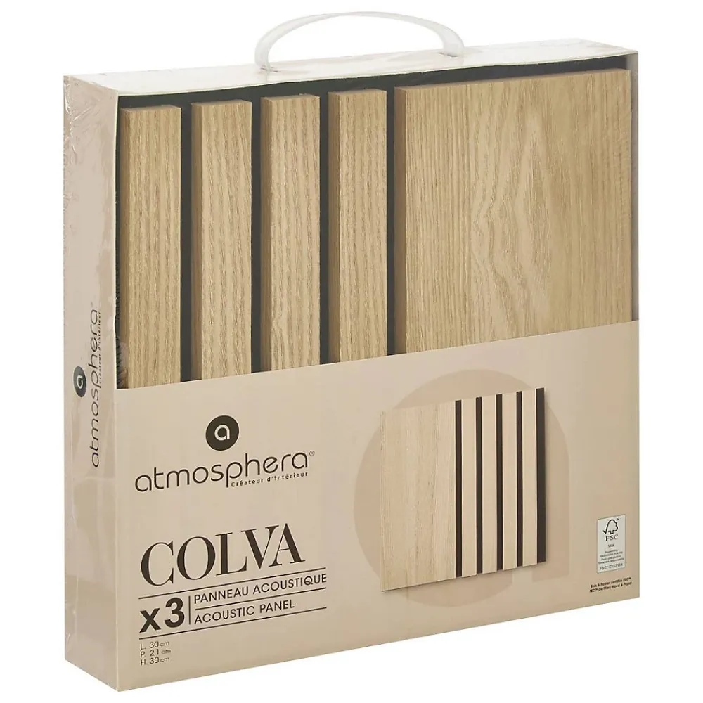 Atmosphera Créateur D'Intérieur Lot de 3 panneaux décoratifs Colva beige fond noir 30x30cm - Atmosphera- Panneau Tasseau Bois