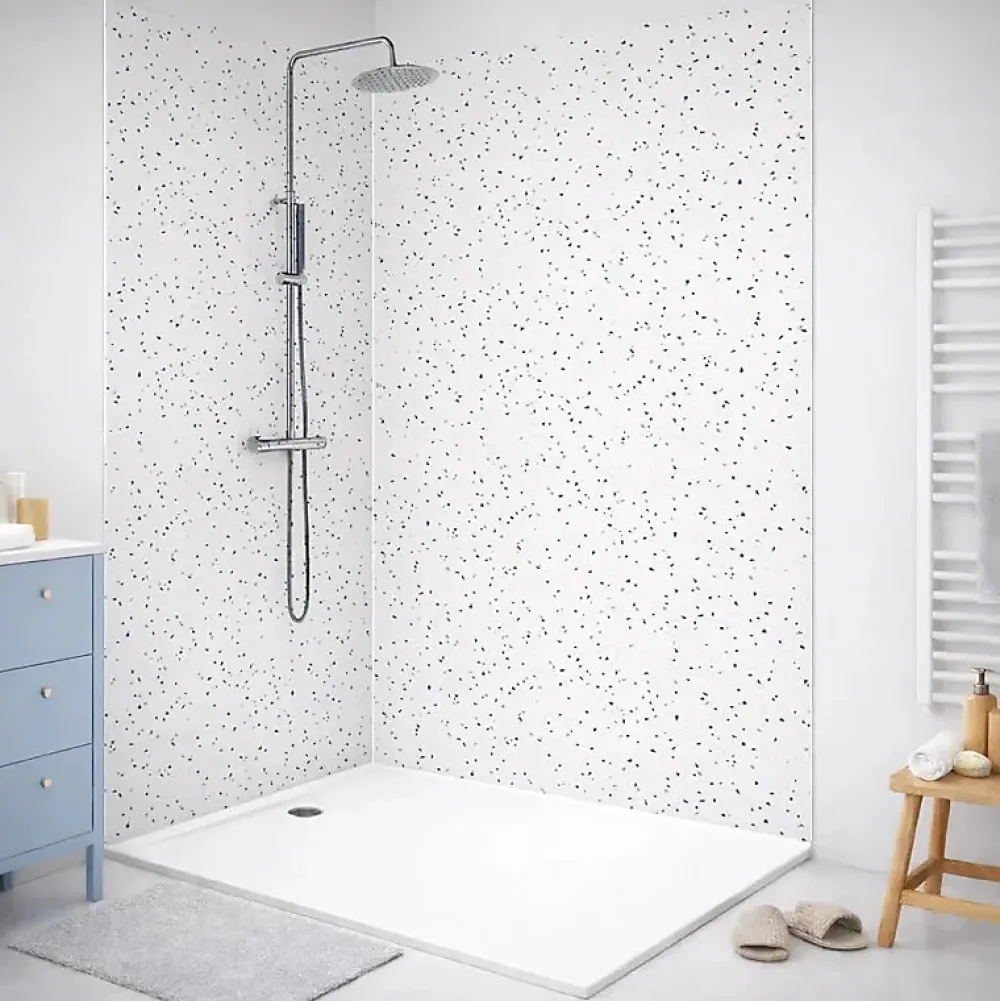 99Deco Lot de 2 panneaux de douche en aluminium (90x220 & 120x220 cm) + profilés blanc - Terrazzo Mineral - Multicolore- Panneau Mural De Salle De Bains