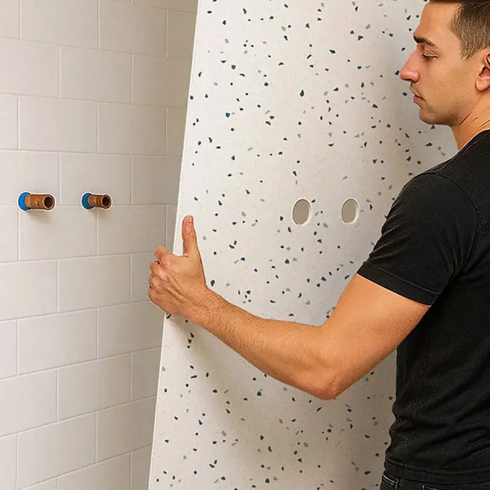 99Deco Lot de 2 panneaux de douche en aluminium (90x220 & 120x220 cm) + profilés blanc - Terrazzo Mineral - Multicolore- Panneau Mural De Salle De Bains