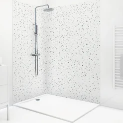 99Deco Lot de 2 panneaux de douche en aluminium (90x220 & 120x220 cm) + profilés blanc - Terrazzo Mineral - Multicolore- Panneau Mural De Salle De Bains