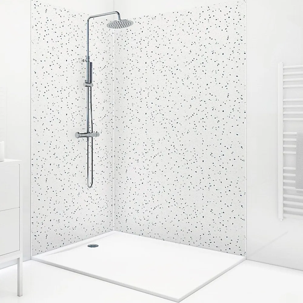 99Deco Lot de 2 panneaux de douche en aluminium (90x220 & 120x220 cm) + profilés blanc - Terrazzo Mineral - Multicolore- Panneau Mural De Salle De Bains