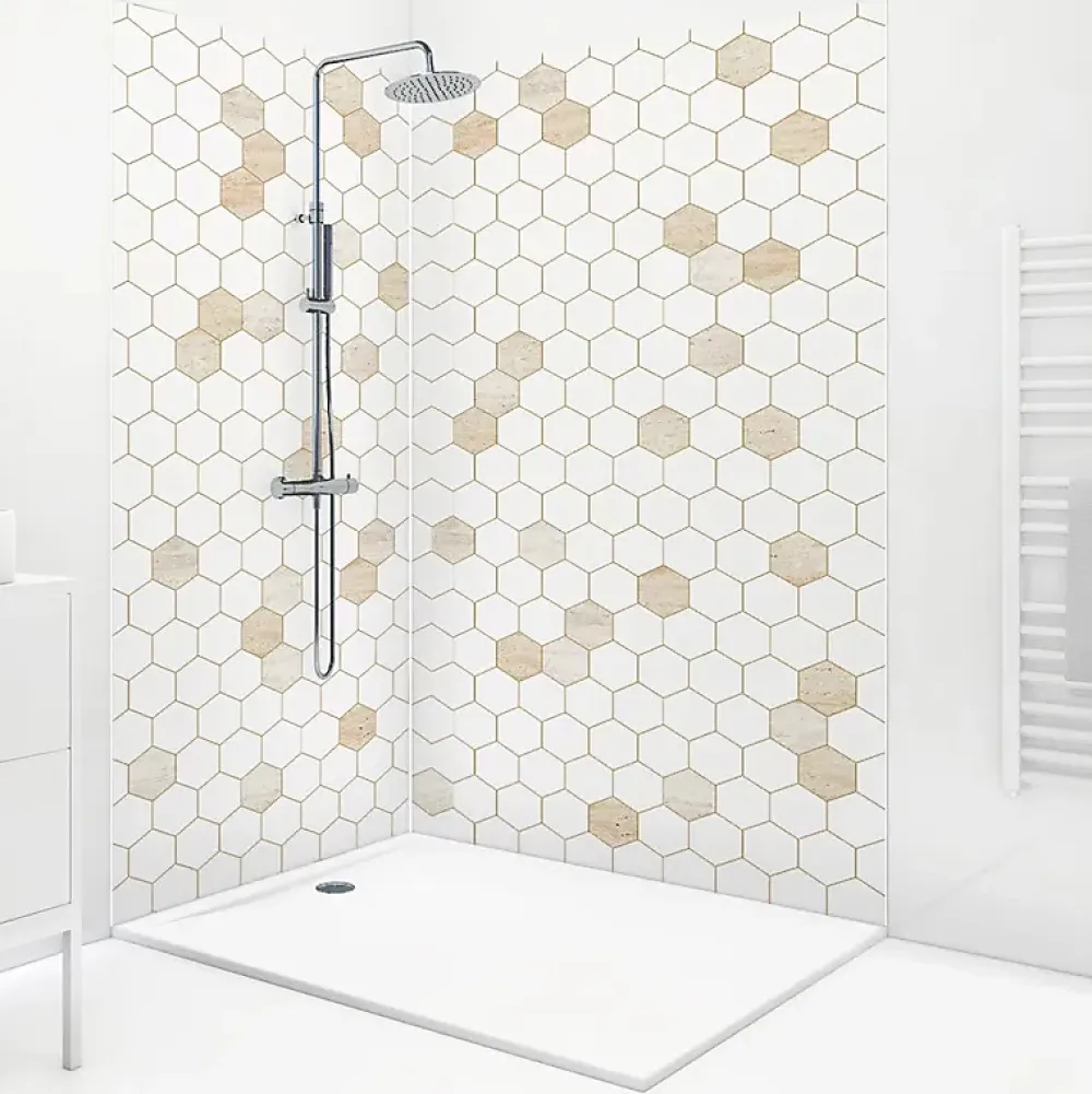 99Deco Panneau Mural De Salle De Bains<Lot de 2 panneaux de douche en PVC (90x220 & 120x220 cm) + profilés blanc - Hexa Travertin - Gris