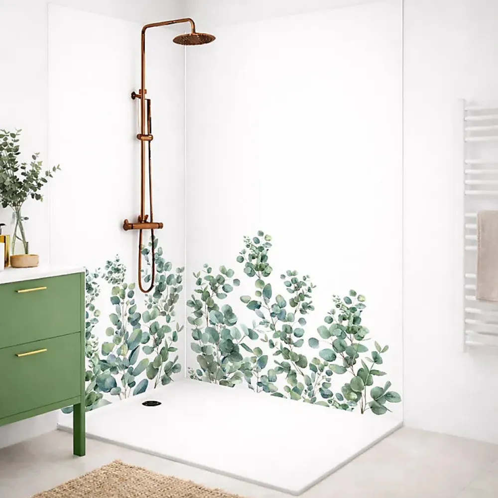 99Deco Lot de 2 panneaux de douche en aluminium (90x220 & 120x220 cm) + profilés blanc - Eucalyptus in Rain - Multicolore- Panneau Mural De Salle De Bains