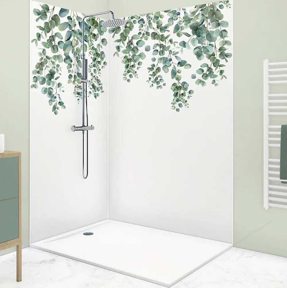99Deco Lot de 2 panneaux de douche en aluminium (90x220 & 120x220 cm) + profilés blanc - Eucalyptus in Rain - Multicolore- Panneau Mural De Salle De Bains