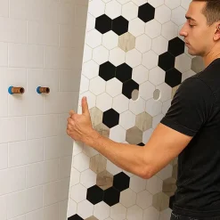 99Deco Lot de 2 panneaux de douche en aluminium (90x220 & 120x220 cm) + profilés blanc - Mix Hexa - Multicolore- Panneau Mural De Salle De Bains