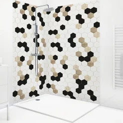 99Deco Lot de 2 panneaux de douche en aluminium (90x220 & 120x220 cm) + profilés blanc - Mix Hexa - Multicolore- Panneau Mural De Salle De Bains