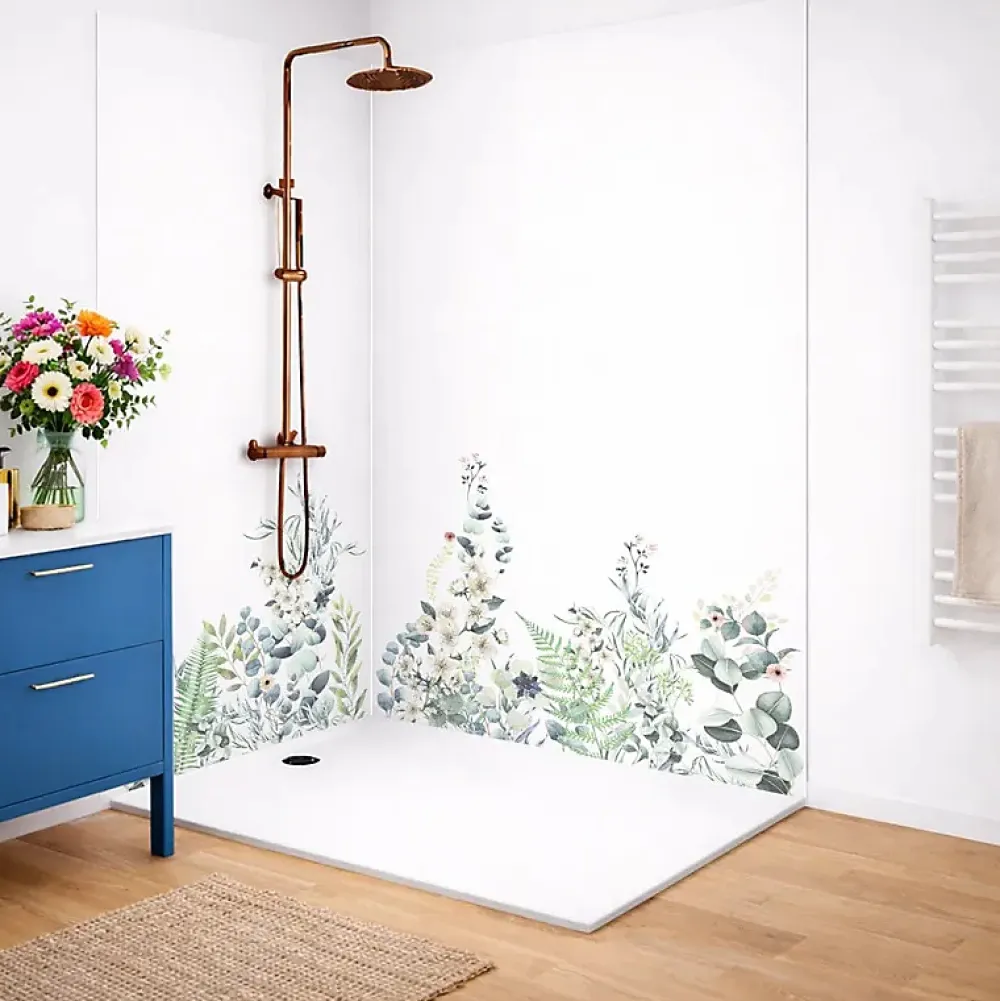 99Deco Panneau Mural De Salle De Bains<Lot de 2 panneaux de douche en aluminium (90x220 & 120x220 cm) + profilés blanc - Flowers in Rain - Multicolore