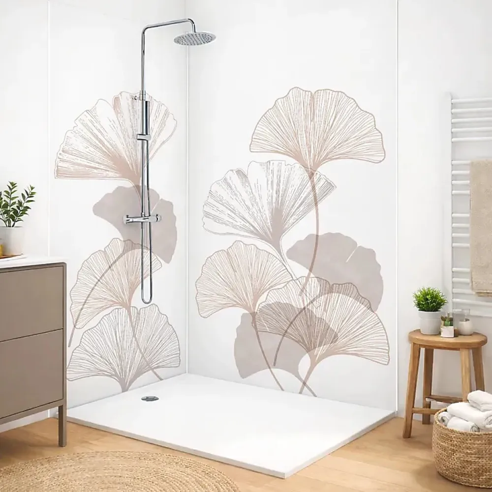 99Deco Panneau Mural De Salle De Bains<Lot de 2 panneaux de douche en aluminium (90x220 & 120x220 cm) + profilés blanc - Motif Floral - Gingko Blanc