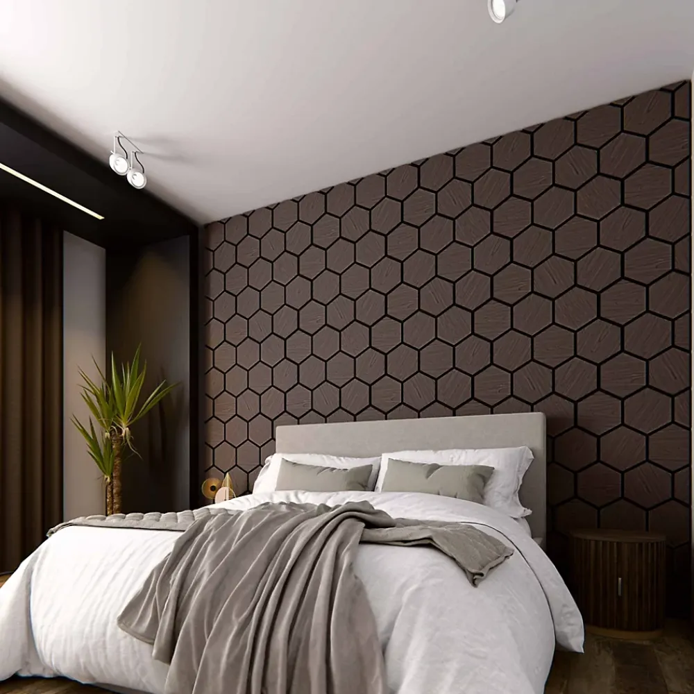 Mon Marché Déco Lot de 2 Panneaux Hexagonaux H. 76 cm L. 62 cm - Noyer Feutre Noir- Panneau Tasseau Bois