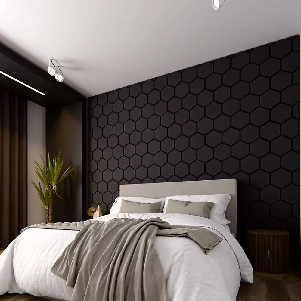 Mon Marché Déco Lot de 2 Panneaux Hexagonaux H. 76 cm L. 62 cm - Chêne Noir Feutre Noir- Panneau Tasseau Bois