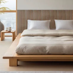 Decoon Panneau Tasseau Bois<Lot de 7 Panneaux muraux tasseaux bois 120x30x1 cm - Pack tête de lit 160 - Lamelles chêne clair véritable fond noir 2,52 m²