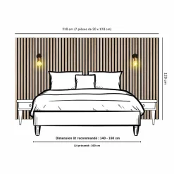Decoon Panneau Tasseau Bois<Lot de 7 Panneaux muraux tasseaux bois 120x30x1 cm - Pack tête de lit 160 - Lamelles chêne clair véritable fond noir 2,52 m²