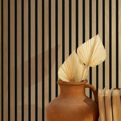Decoon Panneau Tasseau Bois<Lot de 7 Panneaux muraux tasseaux bois 120x30x1 cm - Pack tête de lit 160 - Lamelles chêne clair véritable fond noir 2,52 m²