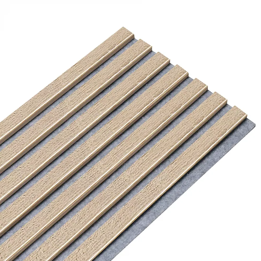 Decoon Lot de 7 Panneaux muraux tasseaux bois 120x30x1,9 cm - Pack tête de lit - Lamelles décor chêne / feutrine grise 2,52 m²- Panneau Tasseau Bois