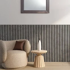 Decoon Panneau Tasseau Bois<Lot de 7 Panneaux muraux tasseaux bois 120 x 30 x 1,9 cm - Tête de lit - Lamelles décor marbre gris / feutrine noir - 2,52m²