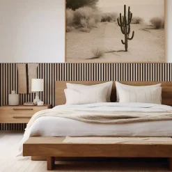 Decoon Panneau Tasseau Bois<Lot de 9 Panneaux muraux tasseaux bois 120x30x1 cm - Pack tête de lit 200 - Lamelles chêne clair véritable fond noir 3,24 m²