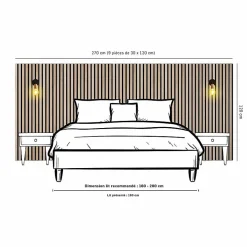 Decoon Panneau Tasseau Bois<Lot de 9 Panneaux muraux tasseaux bois 120x30x1 cm - Pack tête de lit 200 - Lamelles chêne clair véritable fond noir 3,24 m²