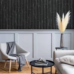 Decoon Panneau Tasseau Bois<Lot de 7 Panneaux muraux tasseaux bois 120 x 30 x 1,9 cm - Tête de lit - Lamelles décor marbre noir / feutrine noir - 2,52m²