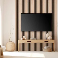 Decoon Panneau Tasseau Bois<Lot de 5 panneaux tasseaux bois 250x30x1 cm - Pack Mur TV bois 150cm - Lamelles chêne clair véritable fond noir - 3,75m²