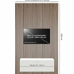 Decoon Panneau Tasseau Bois<Lot de 5 panneaux tasseaux bois 250x30x1 cm - Pack Mur TV bois 150cm - Lamelles chêne clair véritable fond noir - 3,75m²