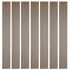 Decoon Lot de 7 panneaux tasseaux bois - 250x30x1 cm - Pack Mur TV bois 210cm - Lamelles chêne clair véritable fond noir - 5,25m²- Panneau Tasseau Bois