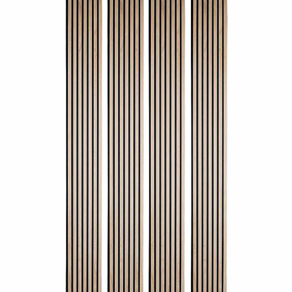 Decoon Panneau Tasseau Bois<Lot de 4 panneaux tasseaux bois 250 x 30 x 1 cm - Lamelles bois placage chêne clair véritable fond noir - 3m²