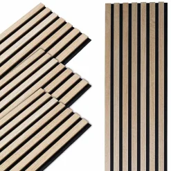 Decoon Panneau Tasseau Bois<Lot de 4 panneaux tasseaux bois 250 x 30 x 1 cm - Lamelles bois placage chêne clair véritable fond noir - 3m²