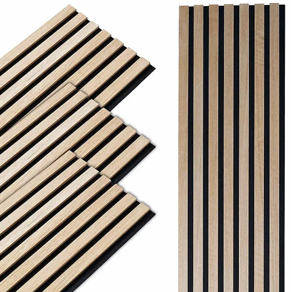 Decoon Panneau Tasseau Bois<Lot de 4 panneaux tasseaux bois 250 x 30 x 1 cm - Lamelles bois placage chêne clair véritable fond noir - 3m²