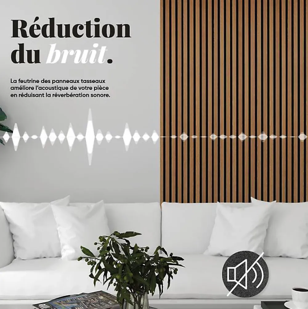Decoon Panneau Tasseau Bois<Lot de 4 panneaux tasseaux bois 250 x 30 x 1 cm - Lamelles bois placage chêne clair véritable fond noir - 3m²