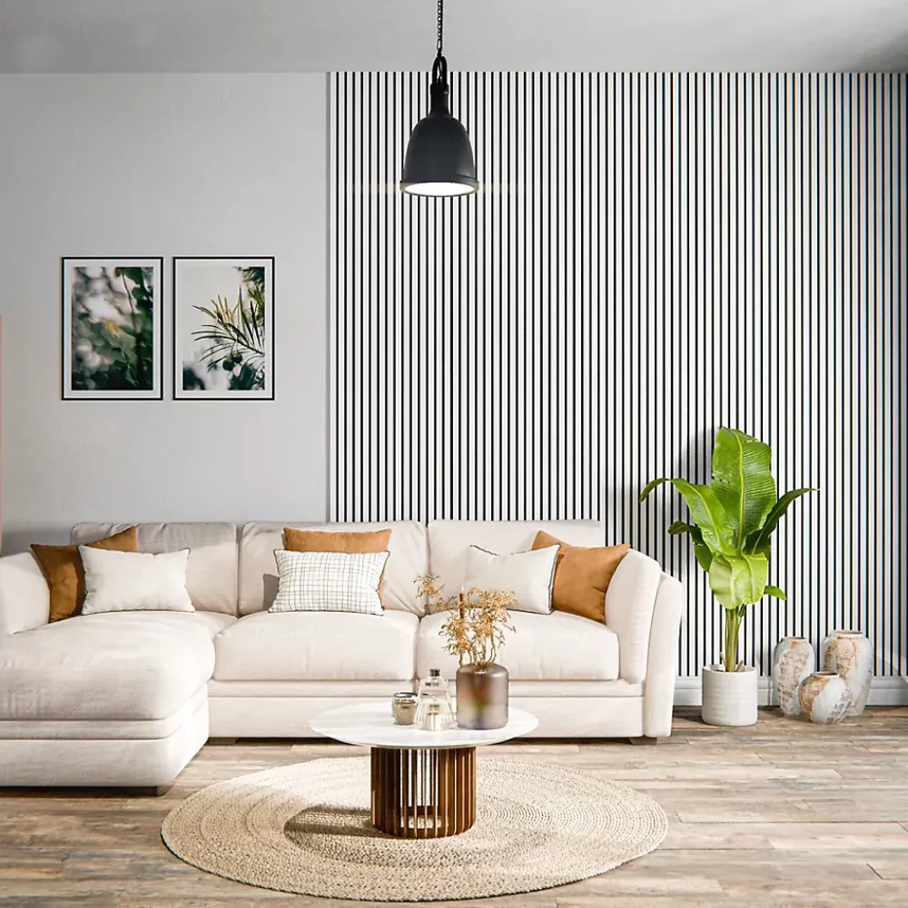 Mon Marché Déco Panneau Tasseau Bois<Lot de 2 Panneaux Tasseaux Bois - Blanc Feutre Noir - 2,88 m², 2500 x 600 mm,
