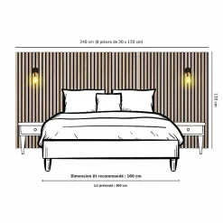 Decoon Panneau Tasseau Bois<Lot de 8 Panneaux tasseaux bois 120x30x1 cm - Pack tête de lit 180 - Lamelles chêne clair véritable fond noir 2,88 m²