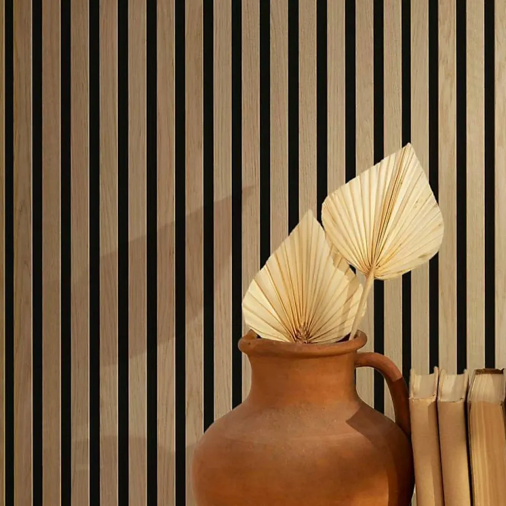 Decoon Panneau Tasseau Bois<Lot de 8 Panneaux tasseaux bois 120x30x1 cm - Pack tête de lit 180 - Lamelles chêne clair véritable fond noir 2,88 m²