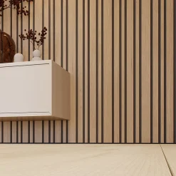 Forestea Panneau Tasseau Bois<Lot de 2 Panneaux tasseaux acoustic asymétrique lamelles MDF chêne naturel sur fond noir 2600 x 300 x 17 mm -