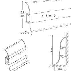 Monmobilierdesign Lot de 20 Plinthes goulotte passe-câble PVC 59 mm - 1,10 m avec angles, raccords et butées Vieux noyer- Plinthe Pour Sol En Vinyle Et Pvc